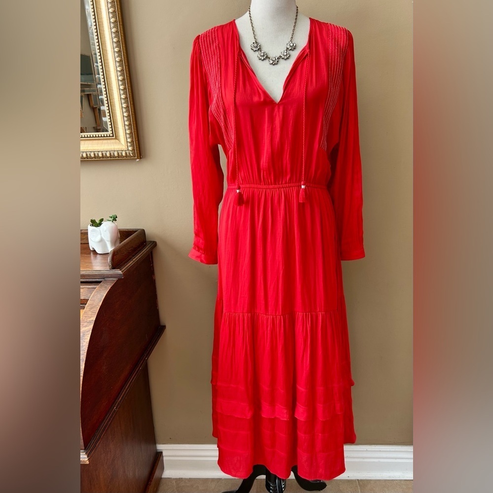 Anthropologie Dolan Red Long Sleeve Maxi Dress Size M Peasant Tassel